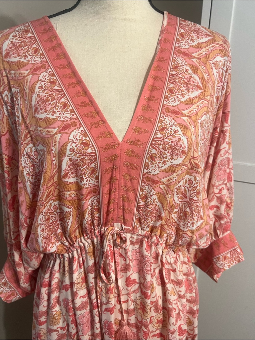 Aakaa Pink Coral Paisley V-Neck Drawstring Mini Dress - Picture 6 of 11